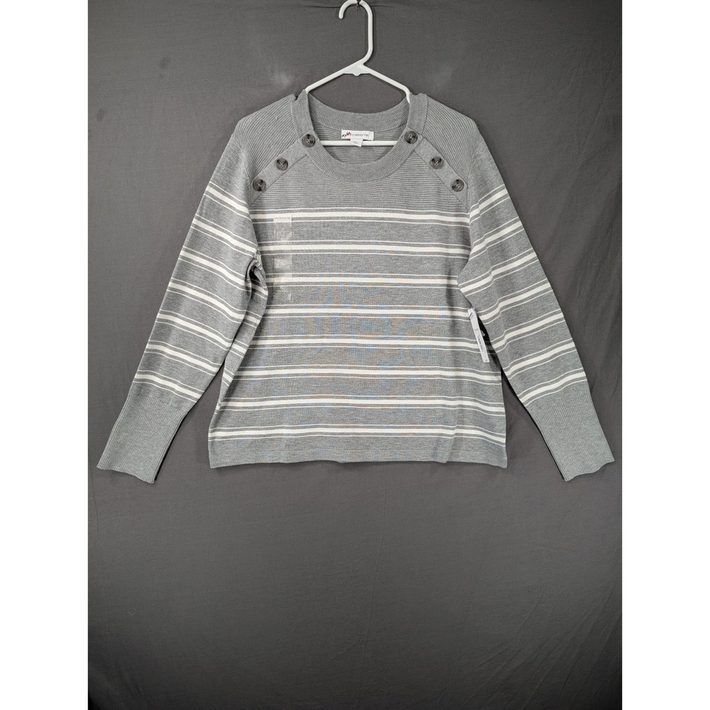 Liz Claiborne Gray Striped Button Shoulder Long Sleeve Knit Sweater XL NWT - Picture 1 of 7